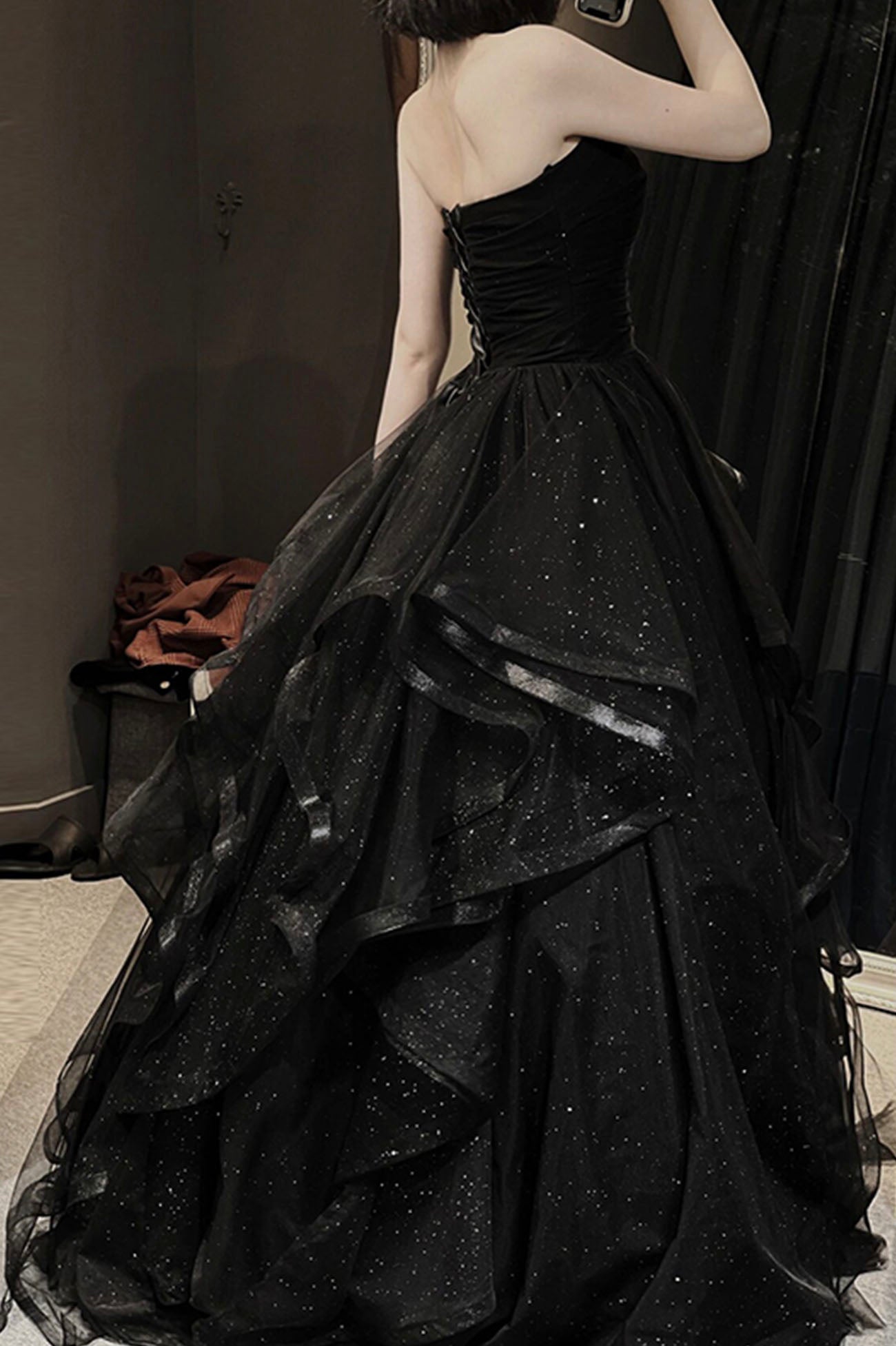 Formal Dresses With Sleeve, Black Tulle Long A-Line Prom Dress,Ball Dresses with Ruffles