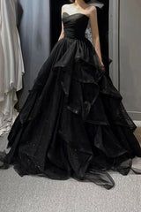 Formal Dresses Homecoming, Black Tulle Long A-Line Prom Dress,Ball Dresses with Ruffles