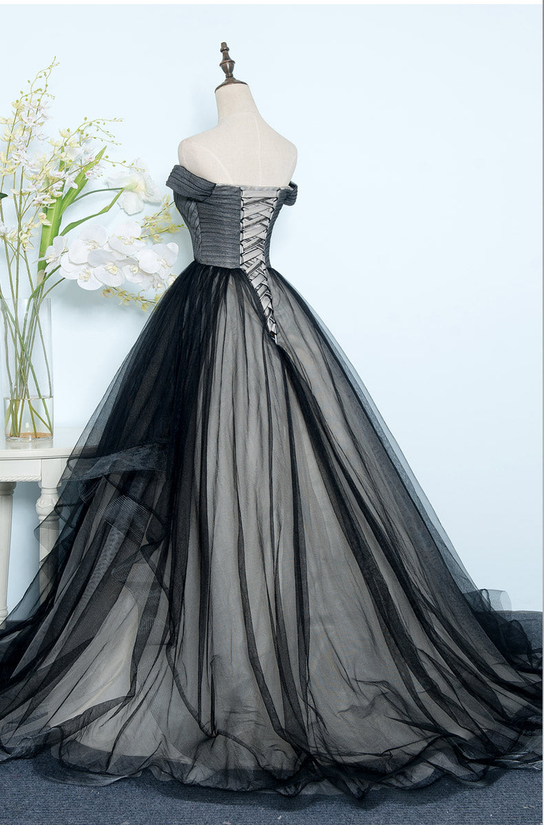 Bridesmaids Dresses Idea, Black Tulle Off Shoulder Floor Length Gown, Black Evening Dresses