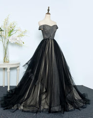 Bridesmaides Dress Ideas, Black Tulle Off Shoulder Floor Length Gown, Black Evening Dresses
