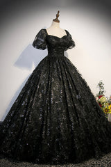 White Dress Outfit, Black Tulle Sequins Long Prom Dress, A-Line Short Sleeve Formal Evening Gown