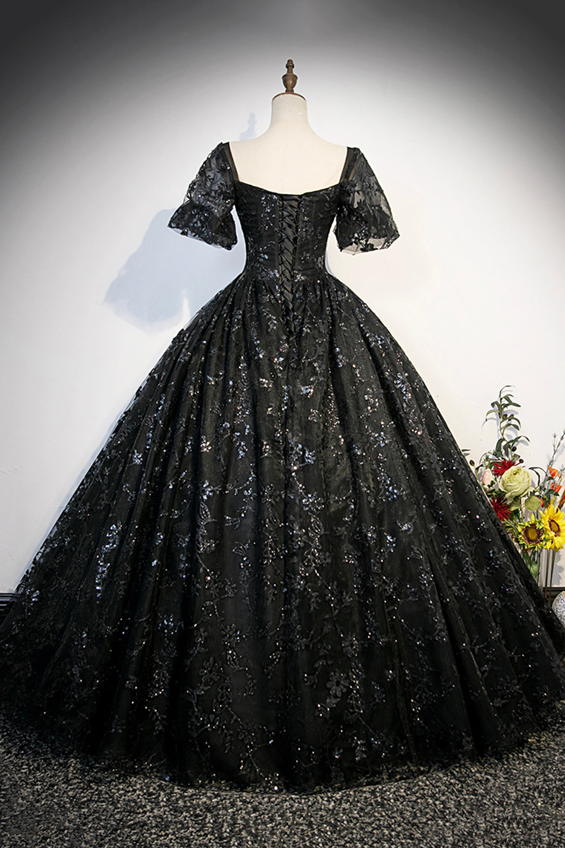 Dress Ideas, Black Tulle Sequins Long Prom Dress, A-Line Short Sleeve Formal Evening Gown