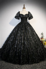 Party Dresses With Boots, Black Tulle Sequins Long Prom Dress, A-Line Short Sleeve Formal Evening Gown