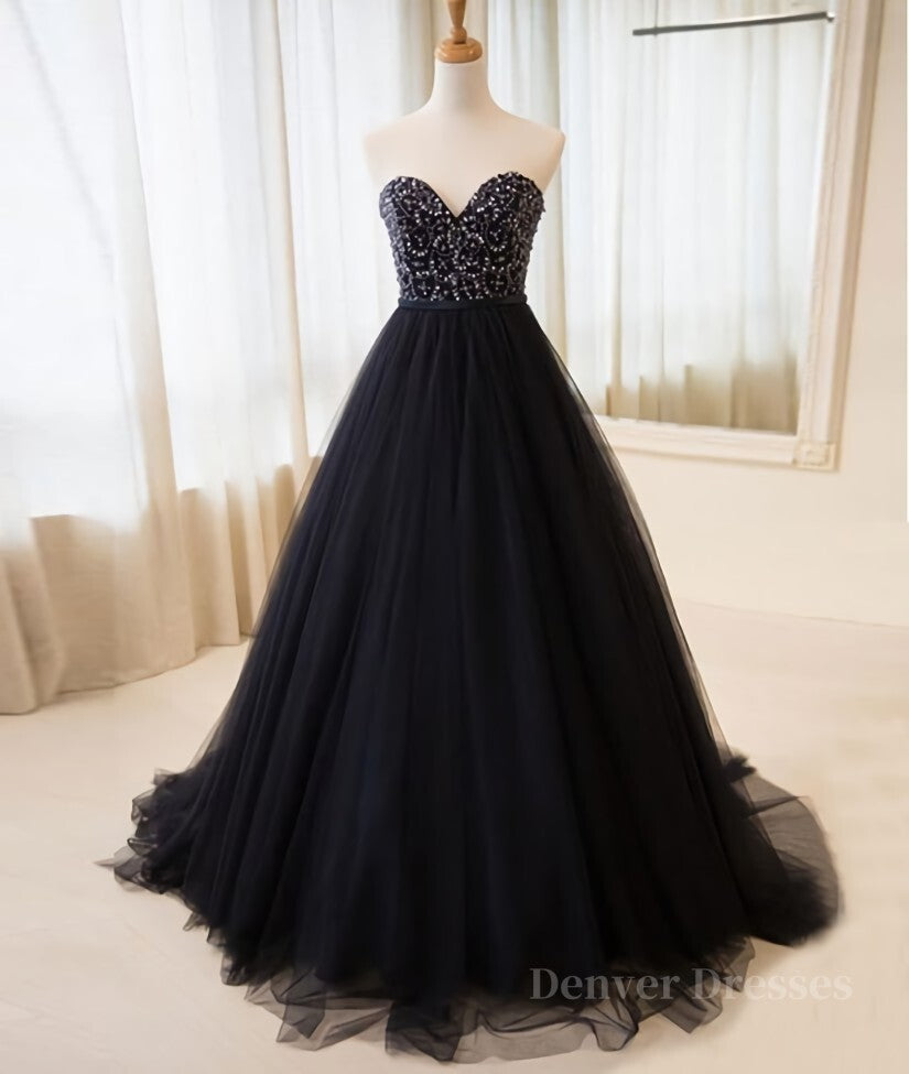 Homecoming Dresses Formal, Black tulle sweetheart neck long prom dress, black evening dress