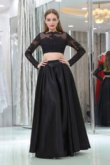 Wedding Dress Guest, Black Two Piece Long Sleeve Floor Length Satin Prom Dresses with Lace