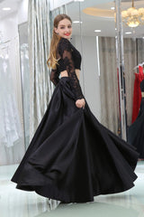 Short Dress Style, Black Two Piece Long Sleeve Floor Length Satin Prom Dresses with Lace