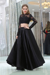 Women Dress, Black Two Piece Long Sleeve Floor Length Satin Prom Dresses with Lace