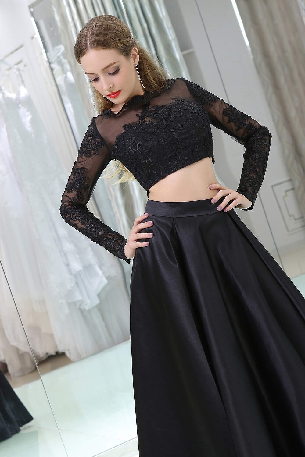 Maxi Dress Outfit, Black Two Piece Long Sleeve Floor Length Satin Prom Dresses with Lace