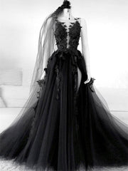 Wedding Dressing Gown, Black V Neck Backless Lace Wedding Dresses,Open Back Black Bridal Gown