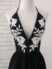 Floral Bridesmaid Dress, Black V Neck Chiffon Lace Long Prom Dress Black Evening Dress