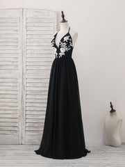 Bridesmaid Nail, Black V Neck Chiffon Lace Long Prom Dress Black Evening Dress
