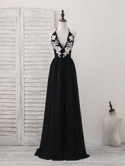 Fashion Dress, Black V Neck Chiffon Lace Long Prom Dress Black Evening Dress