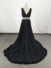 Boho Wedding, Black V Neck Chiffon Sequin Long Prom Dress, Black Evening Dress