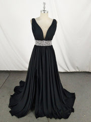 Mother Of The Bride Dress, Black V Neck Chiffon Sequin Long Prom Dress, Black Evening Dress