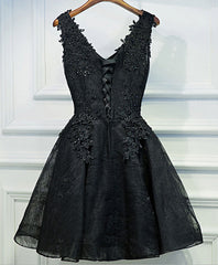 Prom Dresses Two Piece, Black V Neck Lace Short Prom Dress, Black Cute Homecoming Dresses