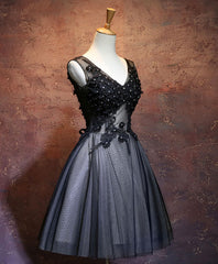 Party Dress Boots, Black V Neck Lace Short Prom Dress, Black Evening Dress