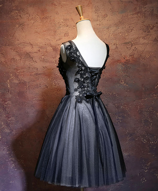 Party Dresses Black And Gold, Black V Neck Lace Short Prom Dress, Black Evening Dress