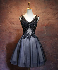 Night Out Outfit, Black V Neck Lace Short Prom Dress, Black Evening Dress