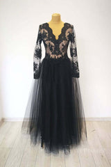 Formal Dresses With Sleeves, Black v neck lace tulle long evening dress black lace prom dress
