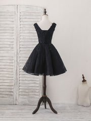 Dusty Blue Bridesmaid Dress, Black V Neck Lace V Neck Short Prom Dress, Black Homecoming Dress