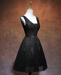 Prom Dresses Backless, Black V Neck Tulle Lace Short Prom Dress, Black Homecoming Dresses