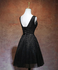 Prom Dress 2022, Black V Neck Tulle Lace Short Prom Dress, Black Homecoming Dresses