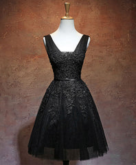 Prom Dresses Aesthetic, Black V Neck Tulle Lace Short Prom Dress, Black Homecoming Dresses