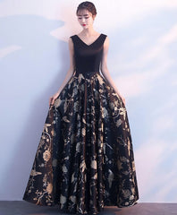 Evening Dress Shop, Black V Neck Floral Pattern Long Prom Dress, Evening Dress