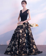 Evening Dresses Store, Black V Neck Floral Pattern Long Prom Dress, Evening Dress