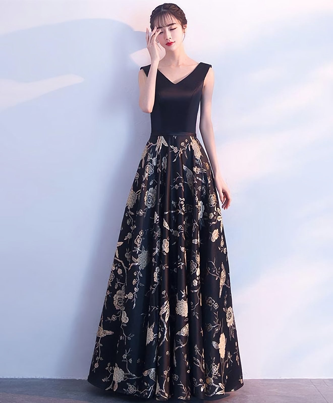 Evening Dresses Short, Black V Neck Floral Pattern Long Prom Dress, Evening Dress