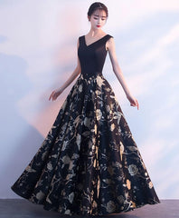 Evening Dress Ideas, Black V Neck Floral Pattern Long Prom Dress, Evening Dress