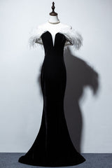 Dream, Black Velvet Mermaid Prom Dress with Feather, Off the Shoulder Long Evening Gown