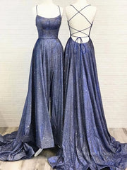 Prom Dress Tulle, Bling Bling Backless Long Prom Dresses, Open Back Blue Long Formal Evening Dresses