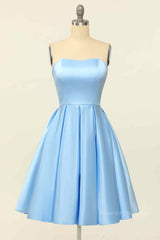 Long Dress Outfit, Blue A-line Strapless Satin Mini Homecoming Dress