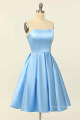 Long Formal Dress, Blue A-line Strapless Satin Mini Homecoming Dress