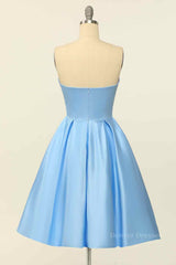 Prom Dress Sleeve, Blue A-line Strapless Satin Mini Homecoming Dress
