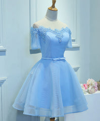 Prom Dresses Princess Style, Blue A-Line Tulle Short Sleeve Lace Short Prom Dress, Blue Cute Homecoming Dress