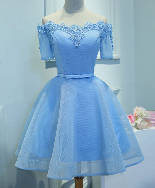 Prom Dress Princess Style, Blue A-Line Tulle Short Sleeve Lace Short Prom Dress, Blue Cute Homecoming Dress
