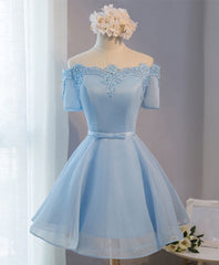 Prom Dress Size 18, Blue A-Line Tulle Short Sleeve Lace Short Prom Dress, Blue Cute Homecoming Dress