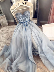 Prom Dress Stores, Blue Beaded Long Prom Dresses, Sweetheart Neck Blue Long Formal Evening Dresses with Beadings