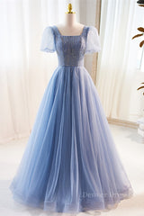 Homecoming Dressed Short, Blue Beaded Puff Sleeves A-line Tulle Long Prom Dress