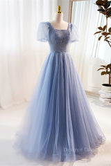 Homecoming Dress Shopping Near Me, Blue Beaded Puff Sleeves A-line Tulle Long Prom Dress