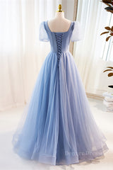 Homecoming Dress Shops Near Me, Blue Beaded Puff Sleeves A-line Tulle Long Prom Dress
