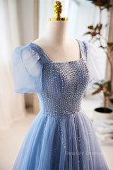 Homecoming Dresses Blue, Blue Beaded Puff Sleeves A-line Tulle Long Prom Dress
