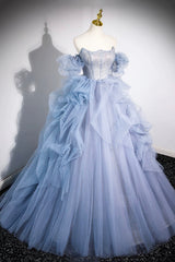 Wedding Photography, Blue Cascading Ruffles Long Prom Dresses, A-Line Strapless Short Sleeve Sweep Train Evening Dress