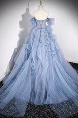 Flower Girl, Blue Cascading Ruffles Long Prom Dresses, A-Line Strapless Short Sleeve Sweep Train Evening Dress