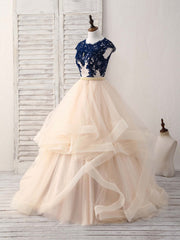 Sparklie Prom Dress, Blue/Champagne Tulle Lace Applique Long Prom Dress, Evening Dress
