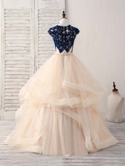 Long Prom Dress, Blue/Champagne Tulle Lace Applique Long Prom Dress, Evening Dress