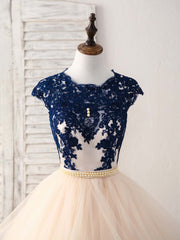 Girl Dress, Blue/Champagne Tulle Lace Applique Long Prom Dress, Evening Dress