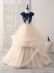 Plu Size Prom Dress, Blue/Champagne Tulle Lace Applique Long Prom Dress, Evening Dress